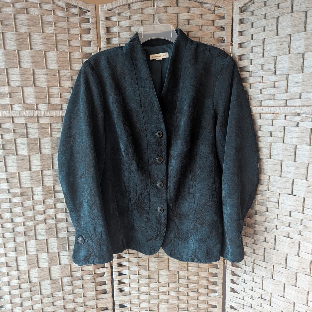 Coldwater Creek Blazer Teal Black‎ Floral Jacquard Mandarin Collar Sz L Artsy